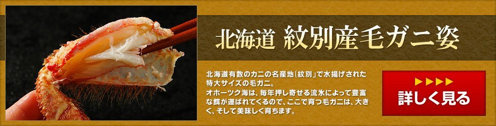 北海道紋別産毛ガニ～皆で楽しめる特大サイズ身も味噌も旨みがあふれています。
